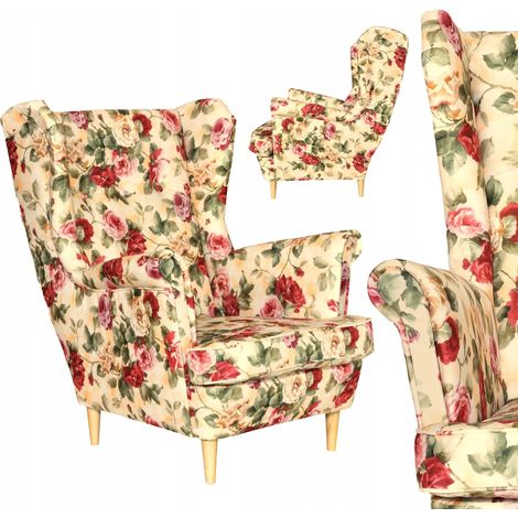 Skandinavischer Ohrensessel mit Printmuster, bunte Rosen, englische Blumen