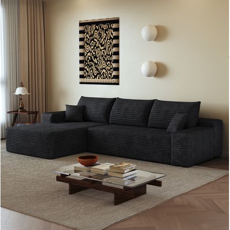 Canape d'angle modulable chaise longue tissu noir HAVRYA (1/5)