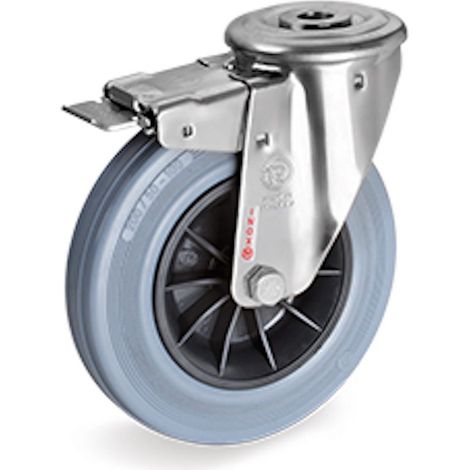 Roulette à oeil INOX pivotante à frein diamètre 50 mm roue caoutchouc gris - 50 Kg