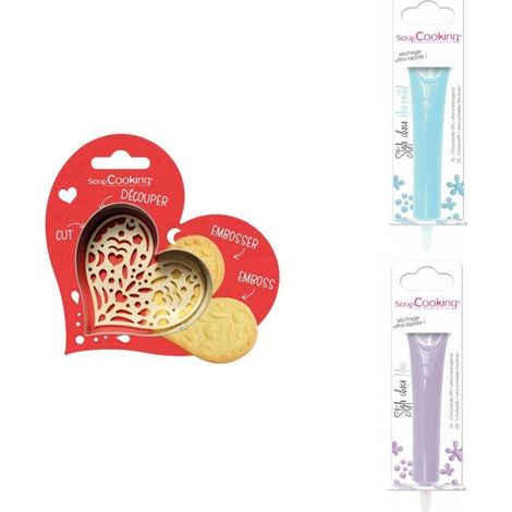 Kit pour biscuit en relief Coeur + 2 Stylos au chocolat bleu pastel et lilas (1/3)