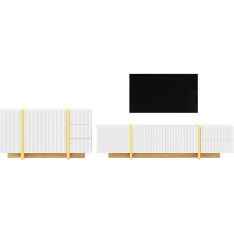 Conjunto de mueble TV y aparador blanco con frentes ranurados de MDF y aglomerado (1/5)