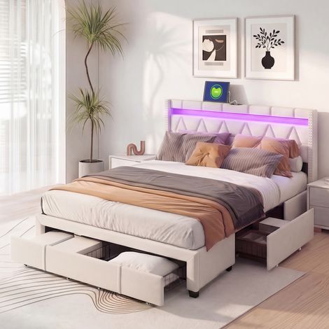 Lit Double Rembourré 160x200 cm avec 4 Tiroirs de Rangement, Éclairage LED et Ports USB, Cadre de Lit en Lin Beige Moderne avec Tête de Lit Capitonnée (1/5)