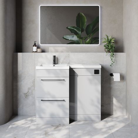 Napoli 390 Gloss Grey Pearl 1000mm 2 Drawer Vanity Unit Toilet Suite with Left Hand Square Lucia Basin - 1000mm - Matt Black 320mm HandleWithout Kingston Toilet Pan