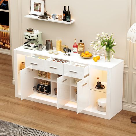Buffet de salon LED 3 portes 3 tiroirs, 160 x 40 x 75 cm, blanc OKMYHOME (1/5)