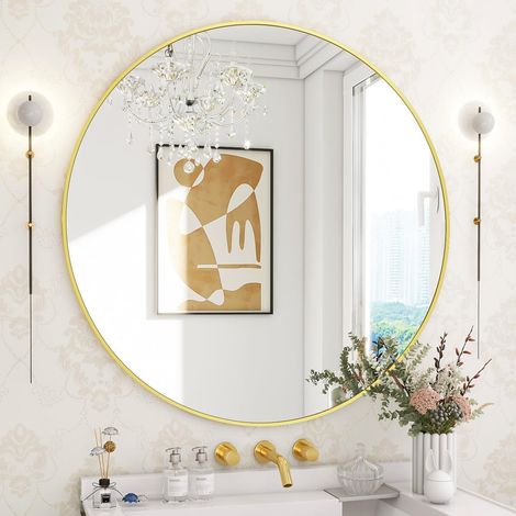 Sollbry 60 cm schwarzer runder Spiegel, runder Wandspiegel, großer Badezimmerspiegel, an der Wand montierter Kosmetikspiegel über dem Waschbecken für Wohnzimmer, Toilette, Eingangsbereiche, Dekoration (1/5)