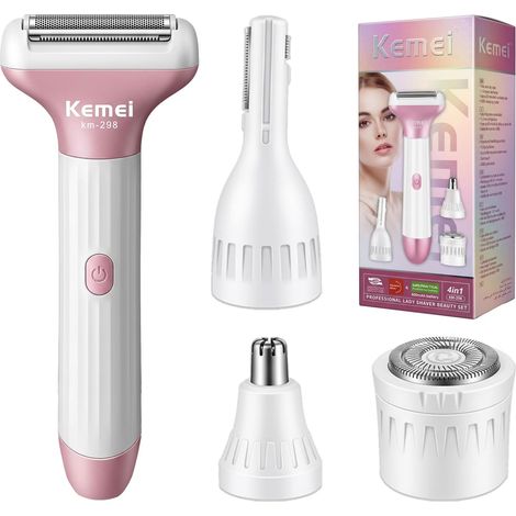 298 4-en-1 Rasoir Électrique Femme, Lames Acier Inoxydable  Tondeuse Bikini 4 Têtes IPX4, Moteur Puissant, Portable pour Visage, Aisselles, Jambes et Maillot (1/5)