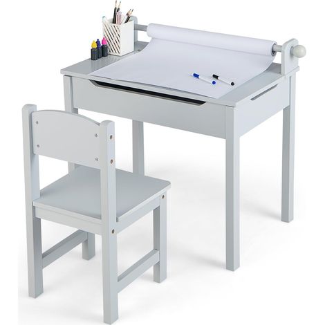 Goplus – Table enfant avec chaise 3+ ans – Bureau d'écriture en bois avec rangement – Dimensions 60x40x58 cm – Rouleau de papier 10 m