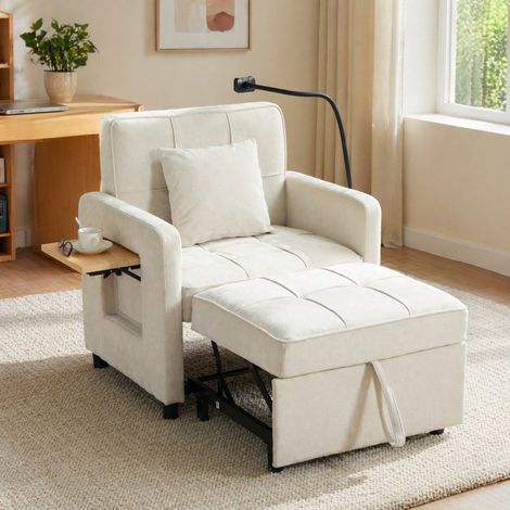 Fauteuil-lit 2 en 1 beige en chenille avec coussin et poches latérales OKWISH (1/5)