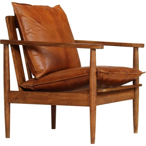 Fauteuil en cuir véritable marron avec structure en bois d'acacia Kliva (1/5)