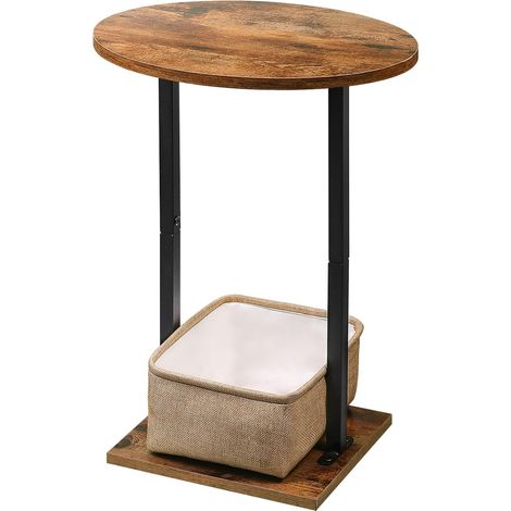 Table d'appoint, Bout de Canapé Ronde Moderne avec Panier en Tissu, 61cm Petite Meuble d'appoint en Bois avec Structure en Métal pour Salon Chambre Balcon Terrasse, Vintage Marron-Noir (1/5)
