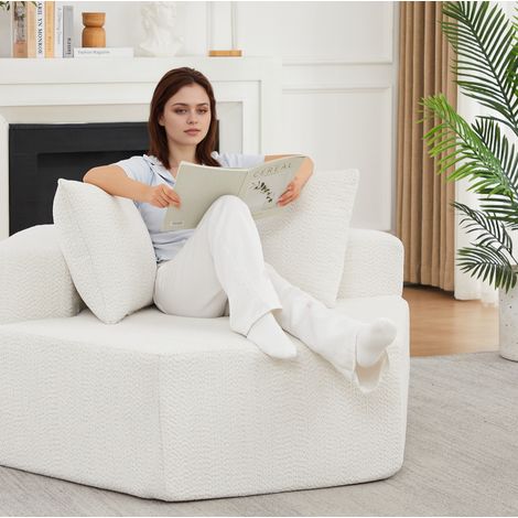 Sillón modular hexagonal individual de chenilla con 3 cojines, beige DESVIAE (1/5)