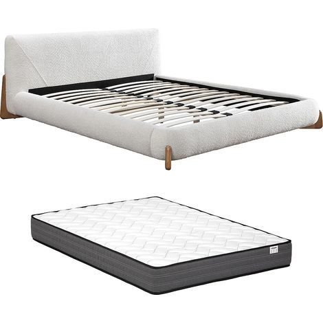 Letto 160 x 200 cm Tessuto bouclette Bianco e Naturale + Materasso - GAMURA (1/5)