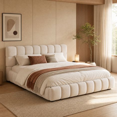 Lit rembourré 140/190 cm beige en velours avec coffre hydraulique et tête de lit moelleuse (1/5)