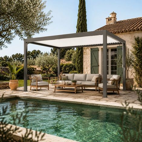 Pergola Bioclimatique Aluminium Autoportante Gris 4x3,5 Manuelle Caleta France (1/5)