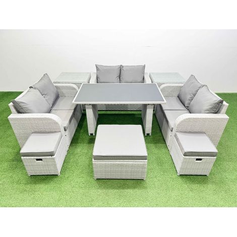 Fimous 9 Seater Patio Garden Furniture Sets with Black Glass Top Dining Table Love Sofa 2 Side Tables 3 Stool Light Grey (1/4)
