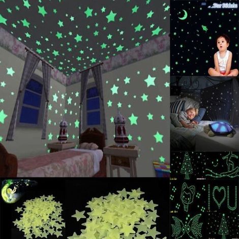 Lot de 100étoiles Autocollant Sticker Mural Phosphorescent Stickers Autocollant Mural Bébé Chambre Fenêtre Plafond Mur sticker (1/4)