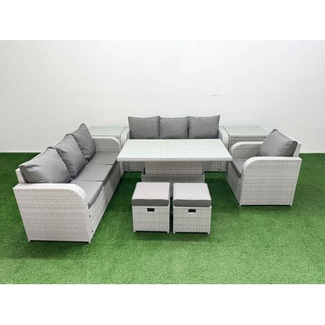 Fimous 9 Seater Poly Rattan Outdoor Garden Furniture Adjustable Lifting Dining or Coffee Table Sofa Set Patio 3 Seater Sofa Reclining Chair 3 Seater Sofa Stools 2 Side Table Light Grey (1/5)