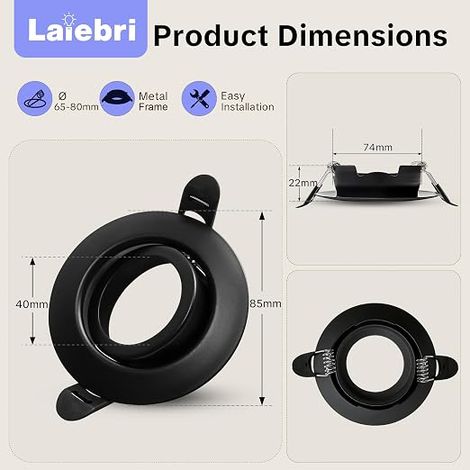 Spot Encastrable GU10 Set Cadre Spot Encastrable Noir Rond Avec Douille GU10 Spots LED 230V Ø 68mm 45° Orientable Cadre de Montage pour Spots de Plafond (1/4)