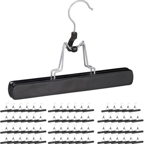 72 Perchas Pantalones, Ganchos Giratorios 360°, Pinzas para Faldas, Antideslizantes, 17 x 25 x 2,3 cm, Madera, Negro