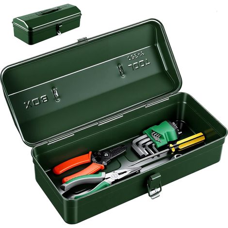Boîte à outils portable de 34 cm en acier style toit hanche avec loquet en métal pour la maison, l'atelier, la voiture - Vert (1/5)