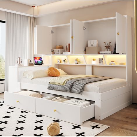 Lit simple 90 x 200 cm avec bureau intégré, rangements, tiroirs, LED et prises, structure en MDF blanc, solution gain de place pour chambre d’enfant ou adolescent – CHICFURN (1/5)