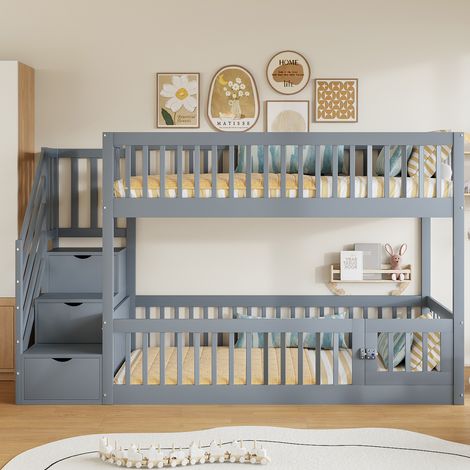 Lit Superposé 90x200cm - Avec Échelle à Tiroirs & Porte - Pour Enfant, Chambre - Gris (1/5)
