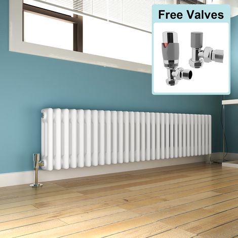 ELEGANT 300 x 1415 mm Traditional Radiator Cast Iron Style Horizontal Radiator White Triple Horizontal Column Radiators + Chrome Thermostatic Radiator Valves (1/5)
