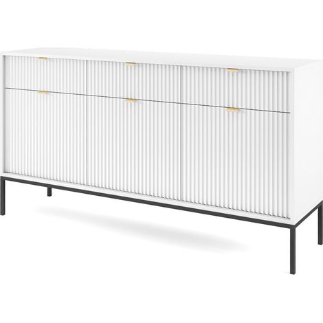 Cassettiera 154 cm, 3 cassetti, 3 ante, Bianco / Nero, maniglie dorate, 154 x 39 x 83 cm (1/5)