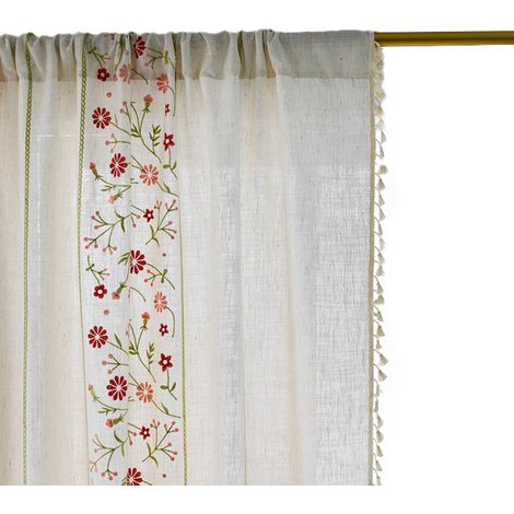Rideau à franges demi-teinte non perforé, neuf en coton et chanvre brodé, pour chambre ou salon. (1/5)