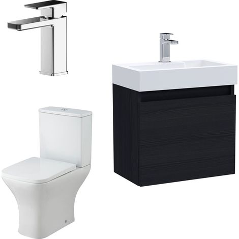 Cloakroom Suite - Slimline Vanity Unit, Tap and Toilet - Charcoal Black/Chrome (1/4)