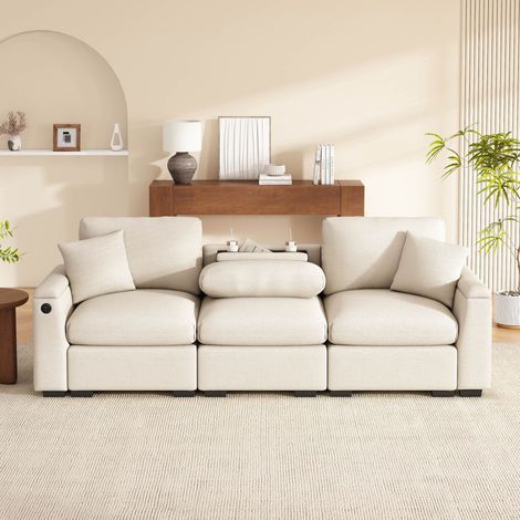 Canapé 3 places en chenille Beige 242 x80 x 88 cm table rabattable USB, porte-gobelet rangements 2 coussins bureau cinéma chic cosy (1/5)