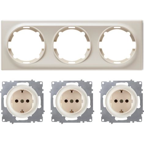 Plaque de finition 3 postes Florence + 3 Prises avec terre - beige