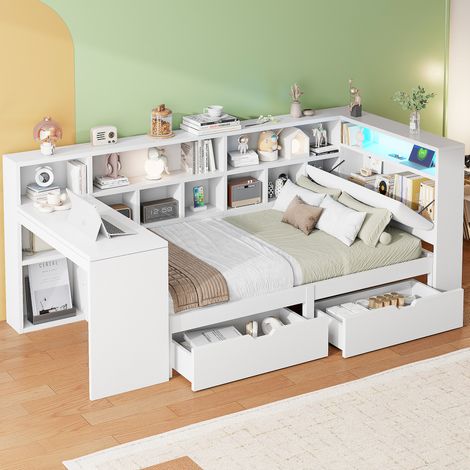 MEUBLIV Lit 90x200 cm blanc – avec bureau, rangements LED, sans matelas (1/5)