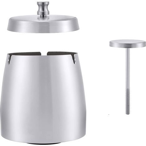 Cendrier en acier inoxydable avec couvercle, cendrier de table coupe-vent pour cigarettes, cendrier de table portable moderne avec base antidérapante pour une utilisation intérieure et extérieure, arg (1/5)