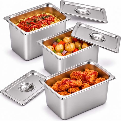 Relaxdays Cubetas Gastronorm GN 1/4 con Tapa Set de 3, Cocina y Catering, Acero Inoxidable, 20 x 26,5 x 16,2 cm, Plata