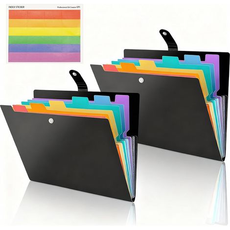 Lot de 2 chemises A4 7 poches, étiquettes, bouton pression, noir, bureau, école, documents, classeur (1/5)