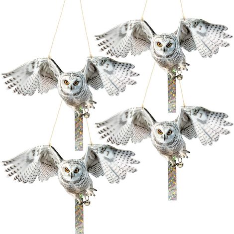 Paquete de 4 búhos falsos de plástico reflectante para colgar, decoración rústica para jardín, repelentes de golondrinas, ideal para pájaros carpinteros y palomas, ideal para exteriores.