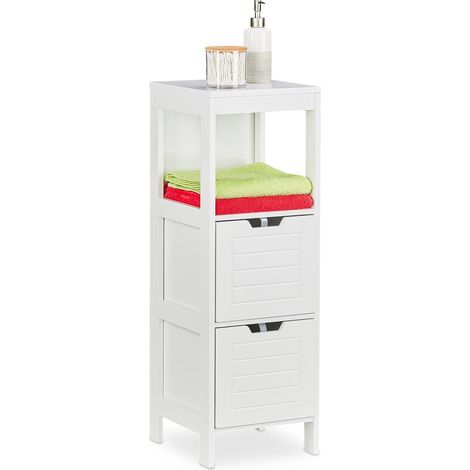 Armoire de Salle Bain, Style campagnard, 90 x 30 x 30 cm, 2 tiroirs, 1 Support, Debout, étagère, Blanc (1/5)