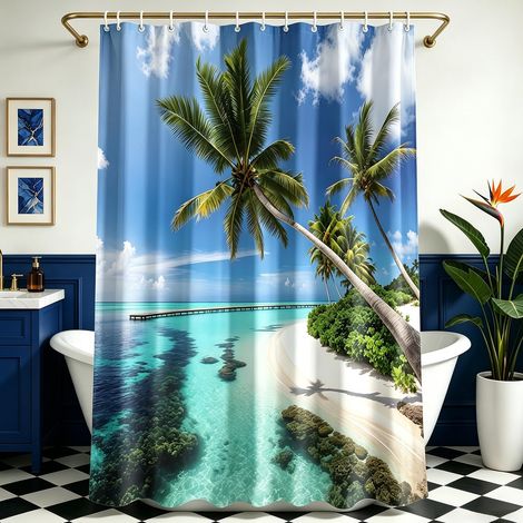 Rideau de douche 180 x 200 cm, motif arbre de plage, ourlet lesté, anti-moisissure, imperméable, lavable, en polyester, avec 12 œillets et anneaux de rideau de douche, pour salle de bain, (1/5)