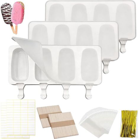 3 Pièces Moules a Glace En Silicone a Couverture, Moules à glace,en silicone s pour crème glacée maison, Contient 100 bâtons, 100 sacs, 100 rubans d'emballage et 100 autocollants (1/5)