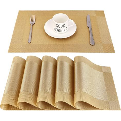 Set mit 6 goldenen PVC-Tischsets (45 x 30 cm), rutschfest, abwaschbar, hitzebeständig, rechteckige Vinyl-Tischsets für Restaurants, Esstische in Küchen oder Esszimmern (1/5)