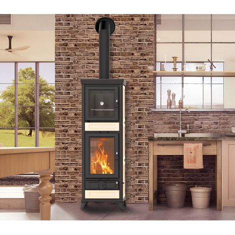 Poêle à bois avec four raccordable - THERMOROSSI Anna Evo5 Maiolica 12.5 kW Beige - Avec kit air (1/5)