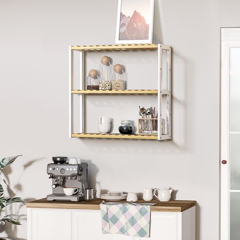 Étagère murale en bambou avec 3 tablettes flottantes pour salon, chambre, cuisine, 60 x 15 x 54 cm, naturel et blanc (1/5)