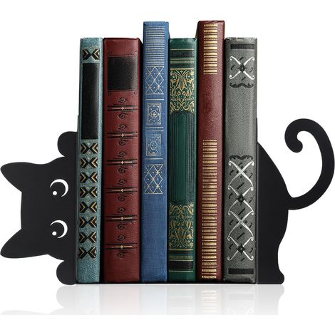 Schwarze Buchstütze aus Metall in Katzenform, rutschfeste Buchstütze aus Metall, Buchpresse für das Bücherregal, dekorative schwarze Buchstütze in Katzenform, Geschenk für Katzen- und Bücherliebhaber (1/5)