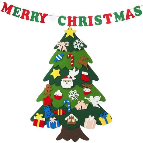 Sapin de Noël en feutrine à faire soi-même avec 26 décorations pour enfants, crochet et cordelette détachables pour suspendre le sapin. Décoration murale, de fenêtre ou de porte, idéale pour les cadea (1/4)