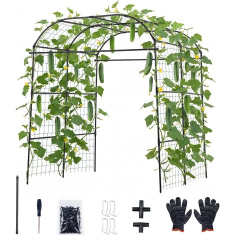 Mophorn Treillis en arche pour plantes grimpantes, structure métallique robuste pour jardin, idéal pour vignes, pois, haricots, courgettes, revêtement en plastique PE, dimensions 181x165x210 cm (1/5)