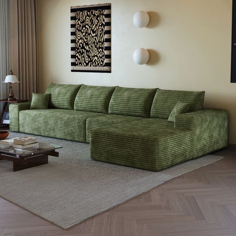 Canapé d’angle modulable 340 cm avec chaise longue, tissu corduroy vert (1/5)