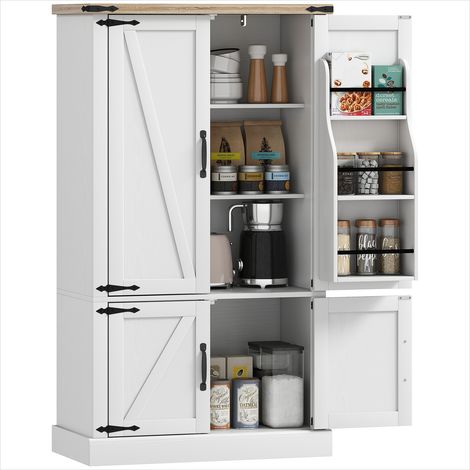 Buffet de cuisine style grange en MDF blanc, 4 portes et 6 porte-épices intégrés, 76,3 x 40 x 136 cm (1/5)