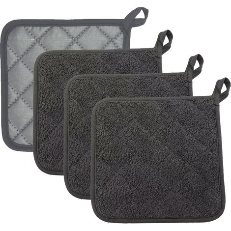 Un lot de 4 maniques de four résistantes à la chaleur, dimensions 17,5 x 17,5 cm, de couleur grise. (1/4)