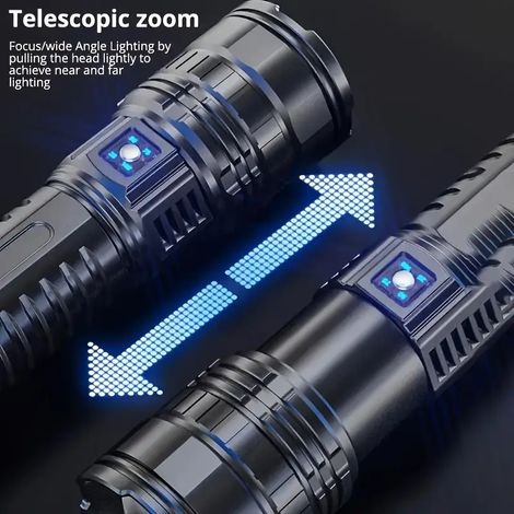 Tragbare, wiederaufladbare, ultrahelle LED-Taschenlampe mit großem Laser-Zoom für den Außeneinsatz. Ausgestattet mit einem leistungsstarken, großen Laser-Zoom für den Außeneinsatz.